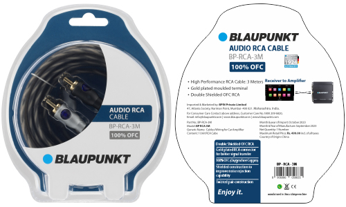 Blaupunkt RCA Connector with 3 Meters Double Shielded Cable (RCA Cable - OFC)